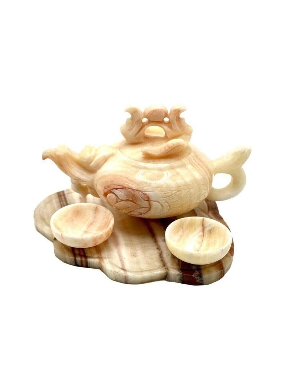 Vintage Onyx Agate Jade Mini Teapot Set Carved Stone Tray 2 Cups Decorative